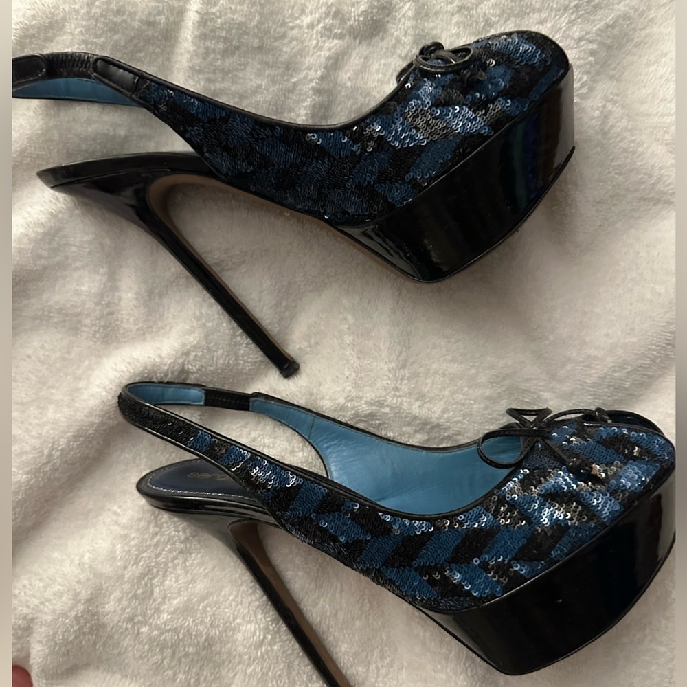 Sergio Rossi blue and black sequined platform heels sky high